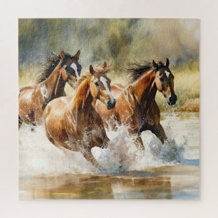 Wildpferde laufen braun schwarze Aquarellmalerei  Puzzle
