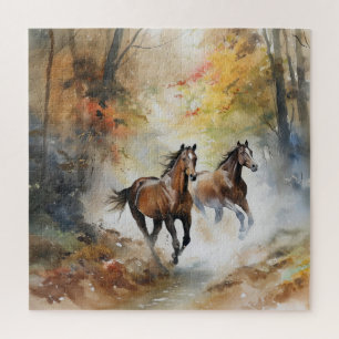 Wildpferde laufen durch den Wald Aquarell Puzzle