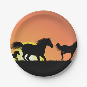 Wildpferde-Sonnenuntergangs-Silhouette Pappteller