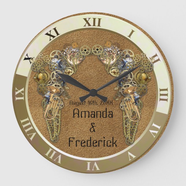 Wildtextur mit Steampunkskulpturen Große Wanduhr (Vorderseite)