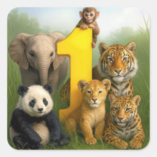 Wildtier-Babys mit der Nummer Eins Quadratischer Aufkleber