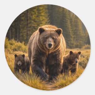 Wildtier Grizzlybär mit Jungen Runder Aufkleber