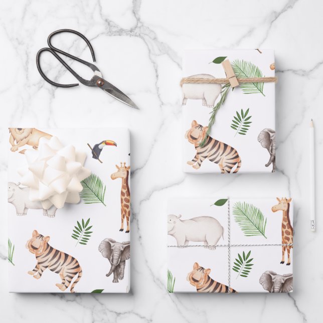 Wildtier mit Dschungelbaum-Muster Geschenkpapier Set (Vorderseite)