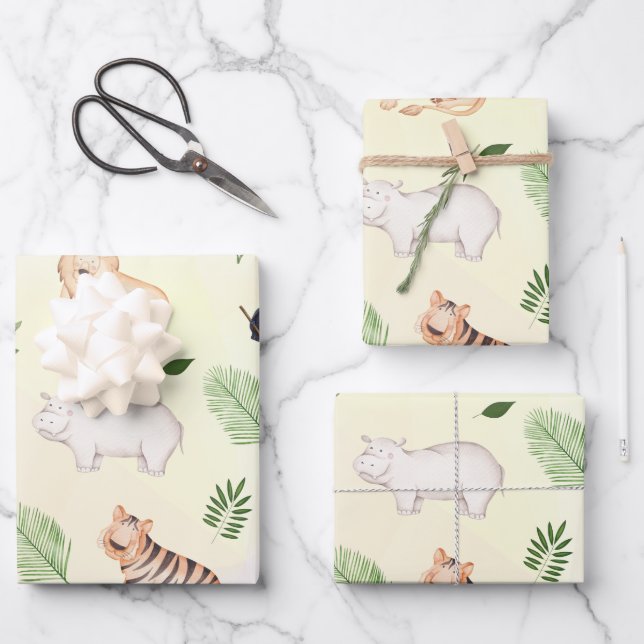 Wildtier mit Dschungelbaum-Muster Geschenkpapier Set (Vorderseite)