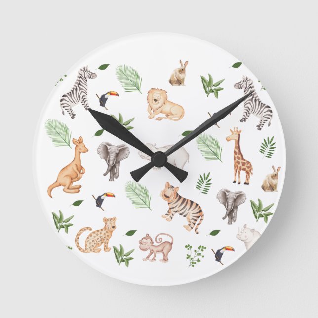 Wildtier mit Dschungelbaum-Muster Runde Wanduhr (Vorderseite)