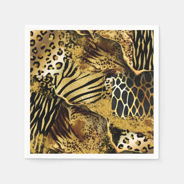 Wildtier Safari-Skin-Collage Gold schwarz Serviette (Vorderseite)