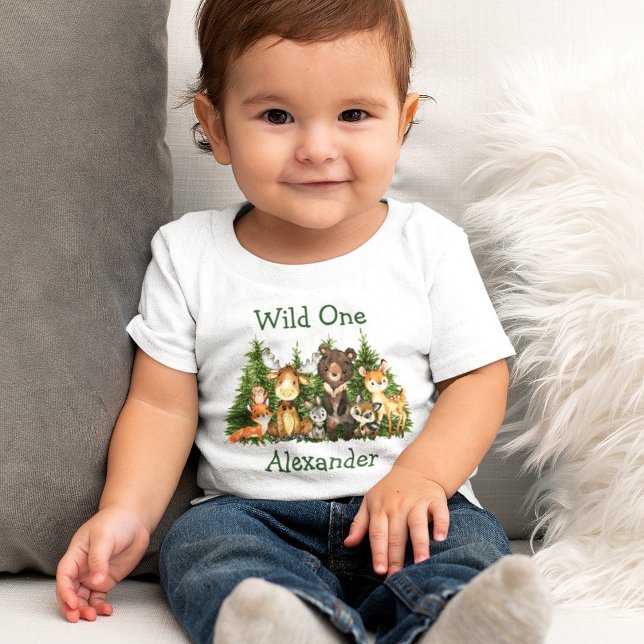 Wildtiere 1. Geburtstagswald Baby T-shirt (Customize to change text color. Many sizes to choose from.)
