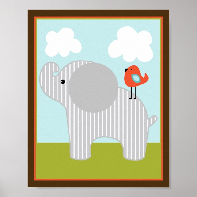 Wildtiere Elephant mit Vogel Art Poster (Vorne)