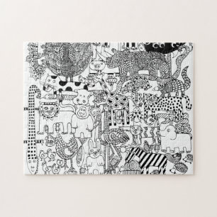 Wildtiere Handgezeichnete Schwarz-Weiß-Kunst  Puzzle