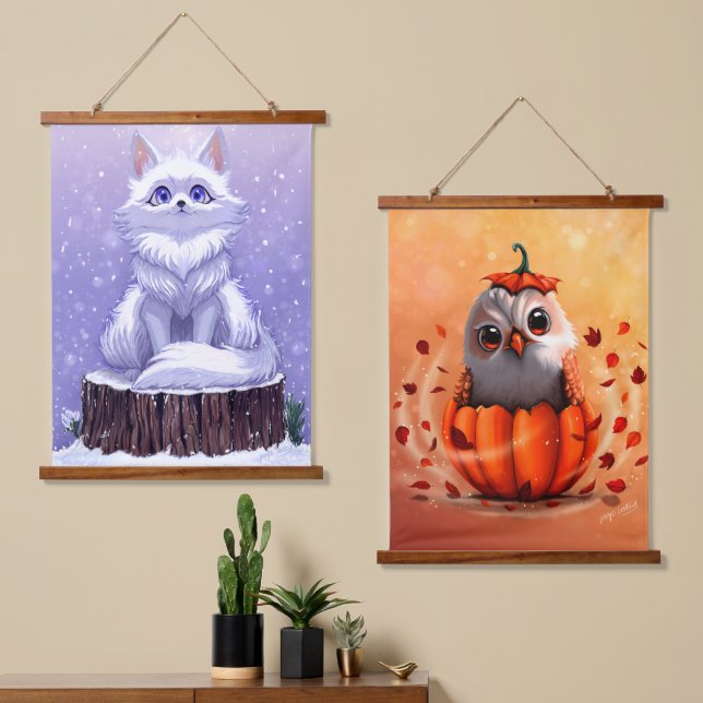 Wildtiere Herbst bis Winter: Eule & Fuchs Wandteppich Mit Holzrahmen (Asymmetrisch)