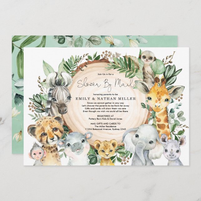 Wildtiere Safari Greenerenery Baby Shower by Mail Einladung (Vorne/Hinten)