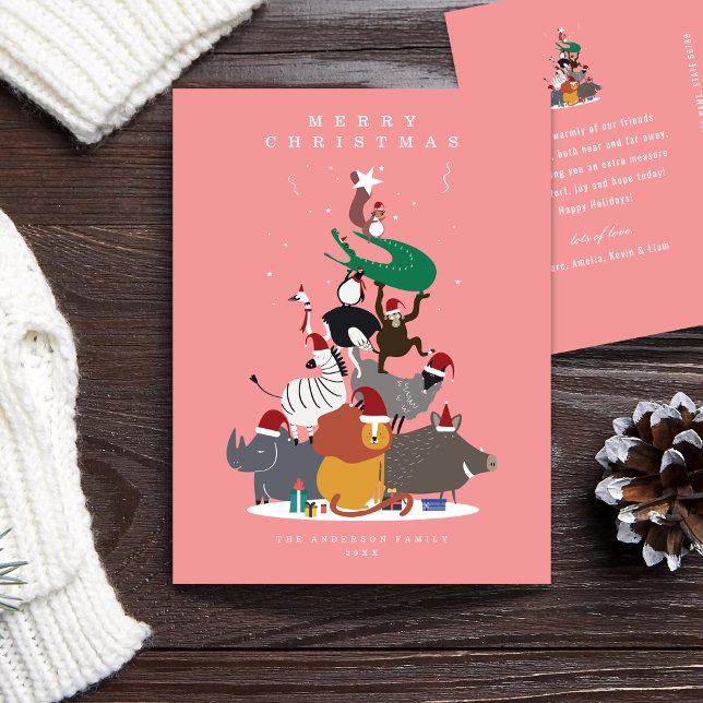 Wildtiere Weihnachtsbaum Feiertagspostkarte (Wildlife Animals in a Christmas Tree form greeting card)