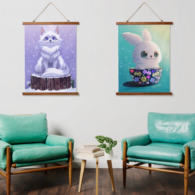 Wildtiere Winter bis Frühling: Fuchs & Kaninchen Wandteppich Mit Holzrahmen (Wohnzimmer)