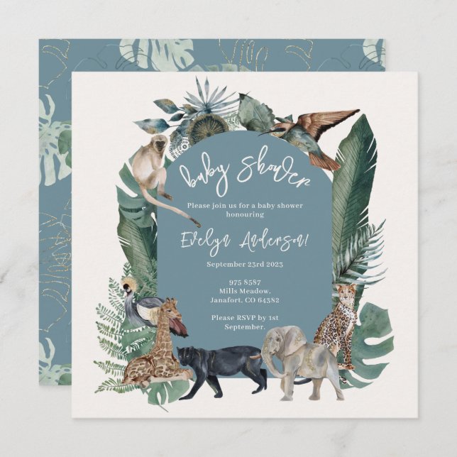 Wildtierwasserfarbe tropisch blaue Babydusche Einladung (Vorne/Hinten)