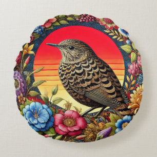 🌿 Wildvogel-Blumen-Kunstgeschenk für die Innenein Rundes Kissen