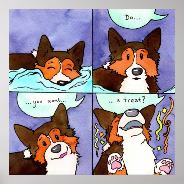 "Will du eine Leckerei?" Funny Corgi Comic Poster (Vorne)