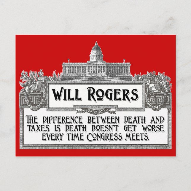 Will Rogers zitieren über Tod und Steuern Postkarte (Vorderseite)