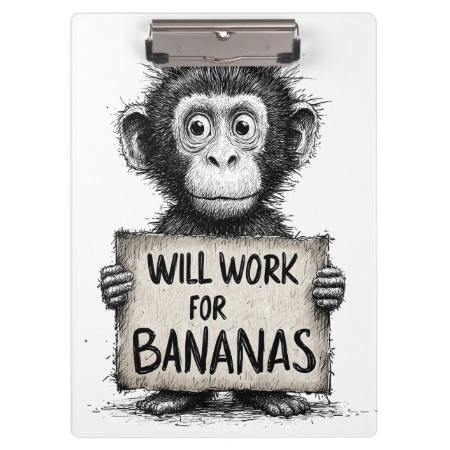 Will Work for Bananas - Humorous Monkey Sketch Klemmbrett (Vorderseite)