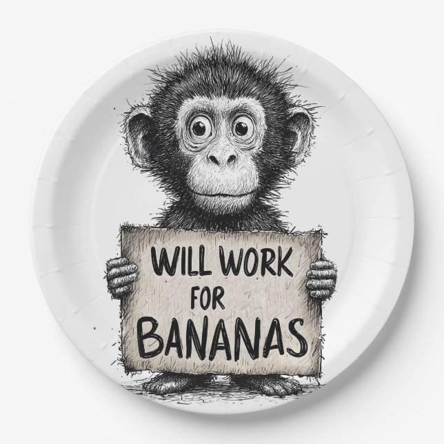 Will Work for Bananas - Humorous Monkey Sketch Pappteller (Vorderseite)