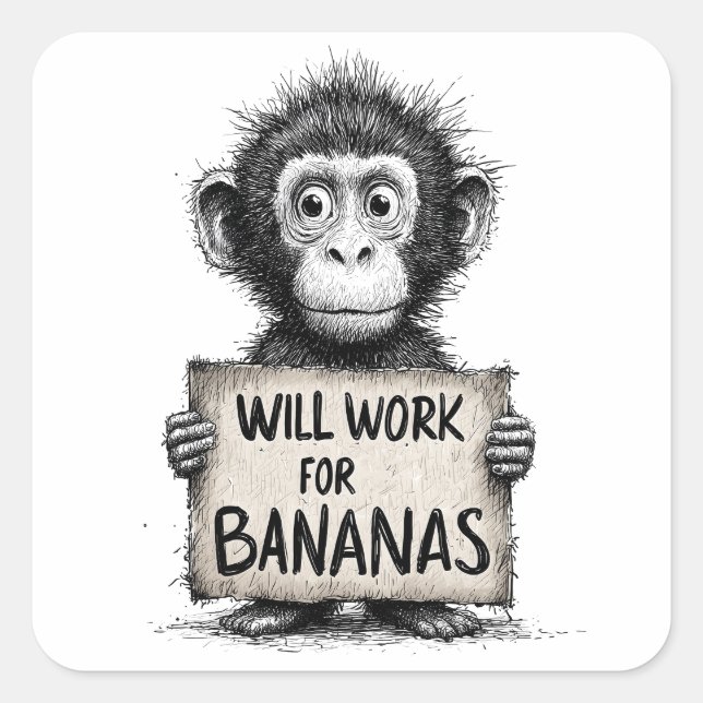 Will Work for Bananas - Humorous Monkey Sketch Quadratischer Aufkleber (Vorderseite)