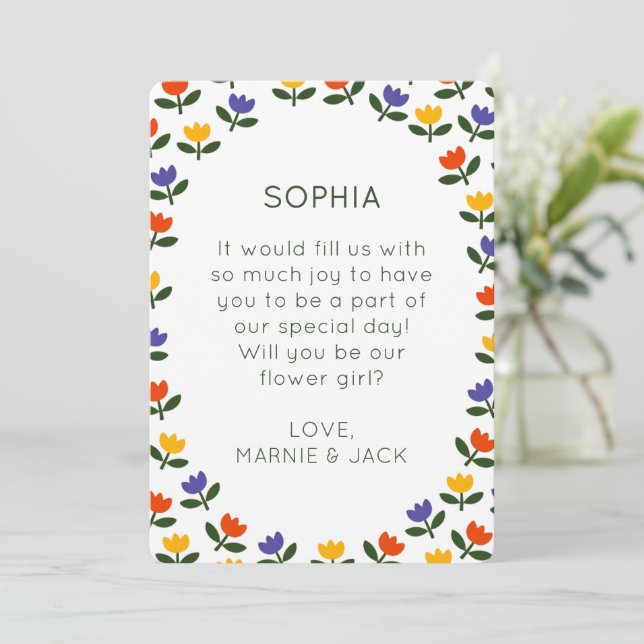 Will You Be My Flower Girl? Modern Tulip Proposal Karte (Stehend Vorderseite)