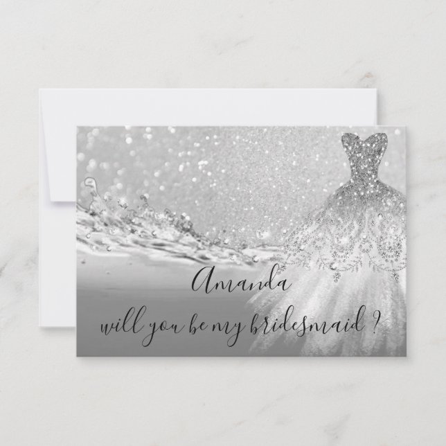 Will you Bridesmaid Grau Glitzer Silver Einladung (Vorderseite)
