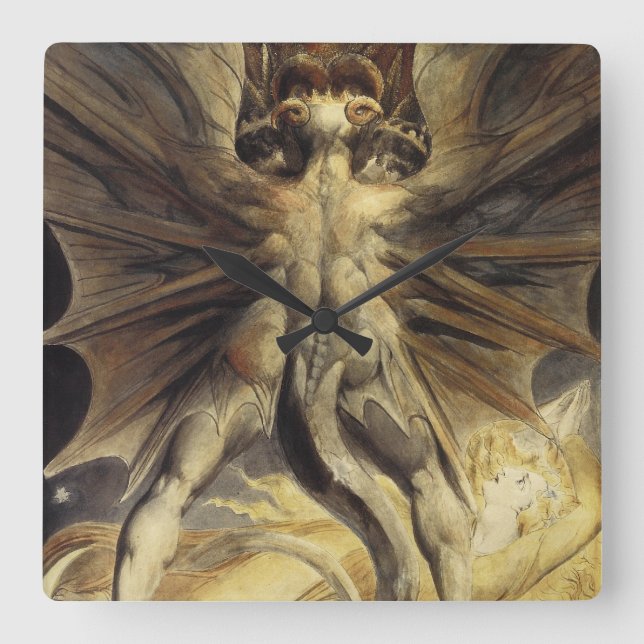 William Blake - Der große rote Drache und die Frau Quadratische Wanduhr (Vorderseite)