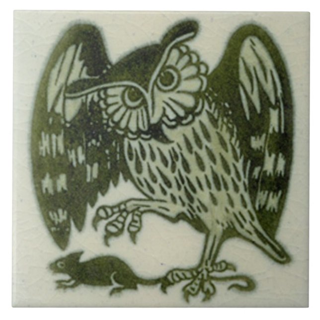 William De Morgan 1800s Repro Green Owl & Rat Fliese (Vorderseite)