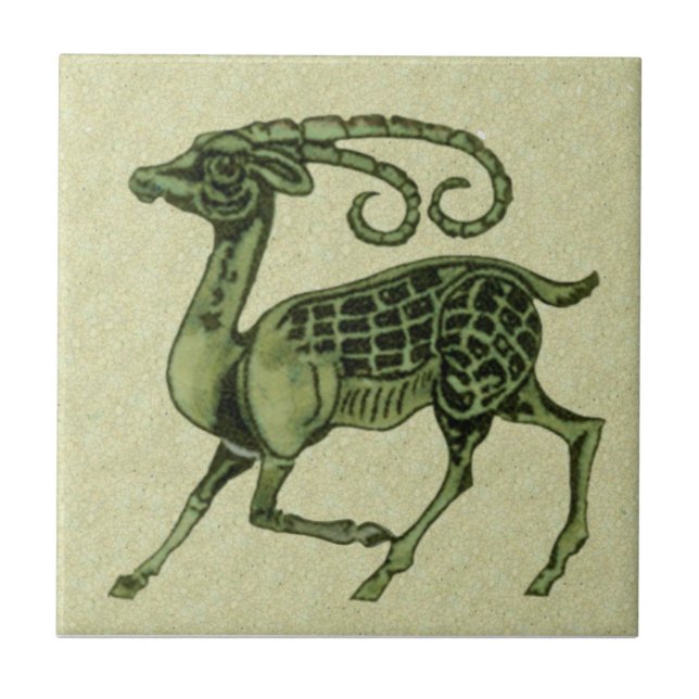 William De Morgan Green Antelope Repro Tile Fliese (Vorderseite)
