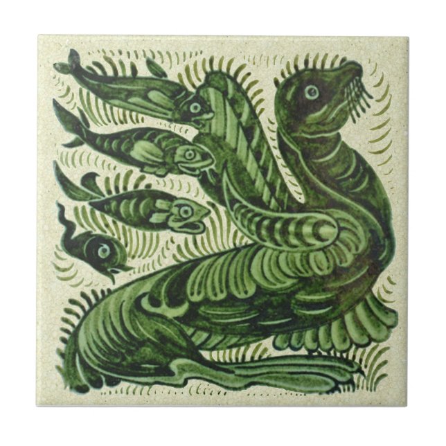 WIlliam De Morgan Green Sea Lion Fish Keramik Tile Fliese (Vorderseite)