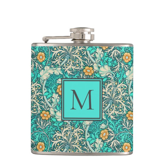 William Morris Algenmuster mit Ihrem Monogramm Flachmann (Vorderseite)