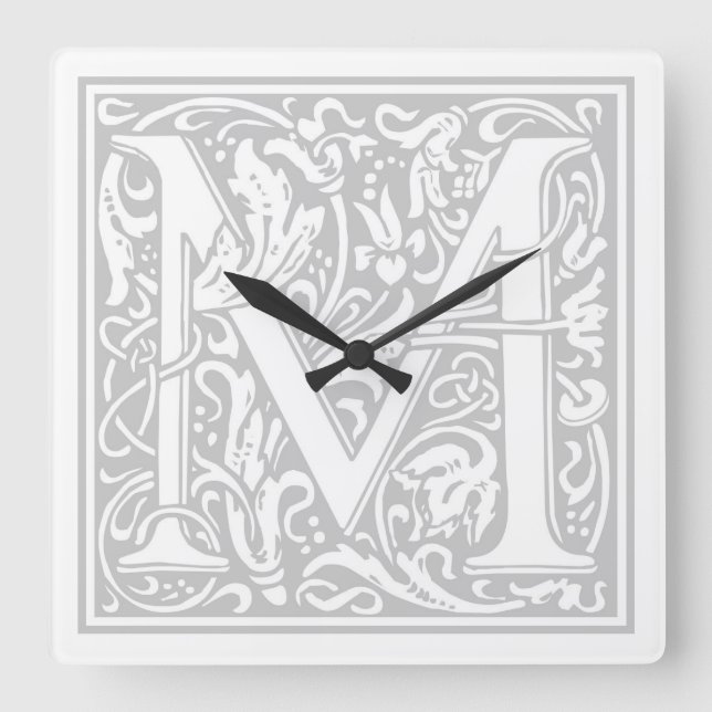 William Morris Alphabet "M" Quadratische Wanduhr (Vorderseite)