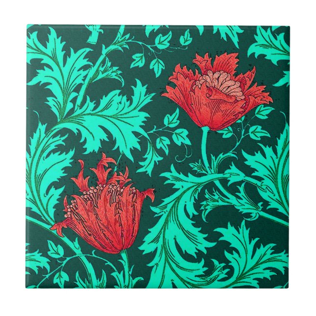 William Morris Anemone, Deep Red und Türkis Fliese (Vorderseite)