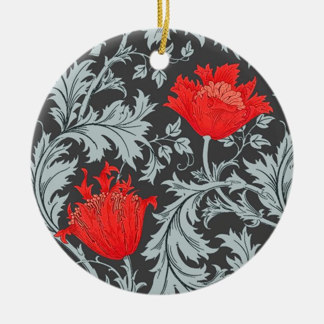 William Morris Anemone, grau / grau und rot Keramik Ornament (Vorne)