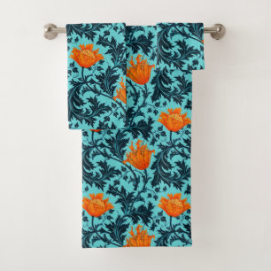 William Morris-Anemone, Indigo-Blau und Koralle Badhandtuch Set