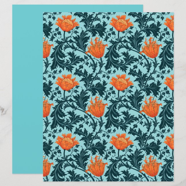 William Morris Anemone, Indigo Blue und Coral (Vorne/Hinten)