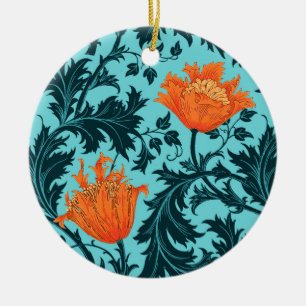 William Morris Anemone, Indigo Blue und Coral Keramik Ornament