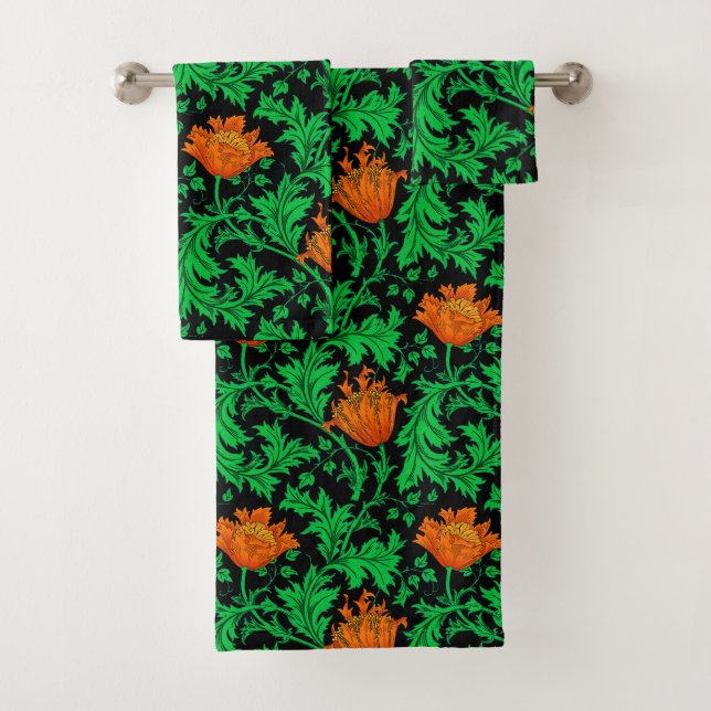 William Morris Anemone, Orange, Green und Black Badhandtuch Set (Insitu)