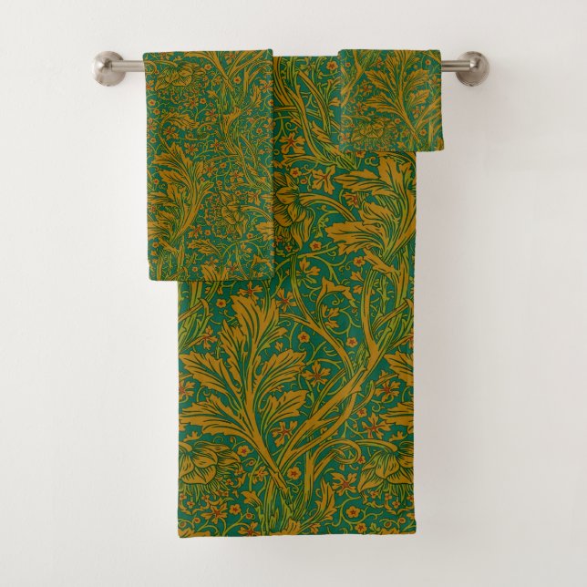William Morris Arcadia Floral Pattern Green Golden Badhandtuch Set (Insitu)