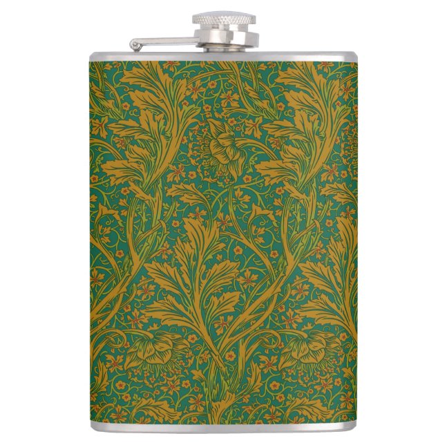 William Morris Arcadia Floral Pattern Green Golden Flachmann (Vorderseite)