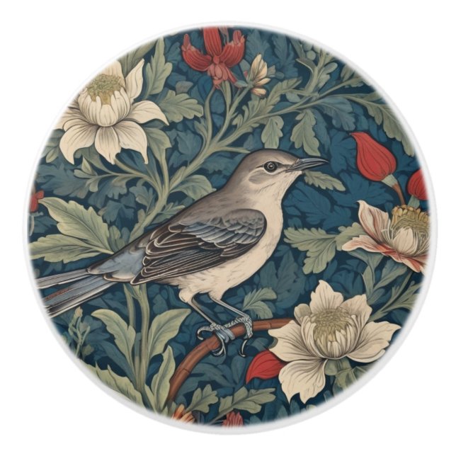 William Morris Art Lockingbird Bird Blüte Keramikknauf (Vorderseite)