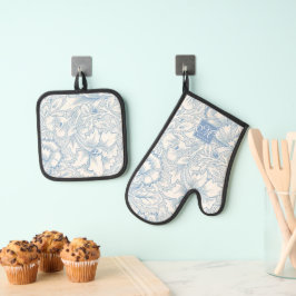 William Morris, Art Nouveau Blue Acanthus Monogram Ofenhandschuh & Topflappen-Set