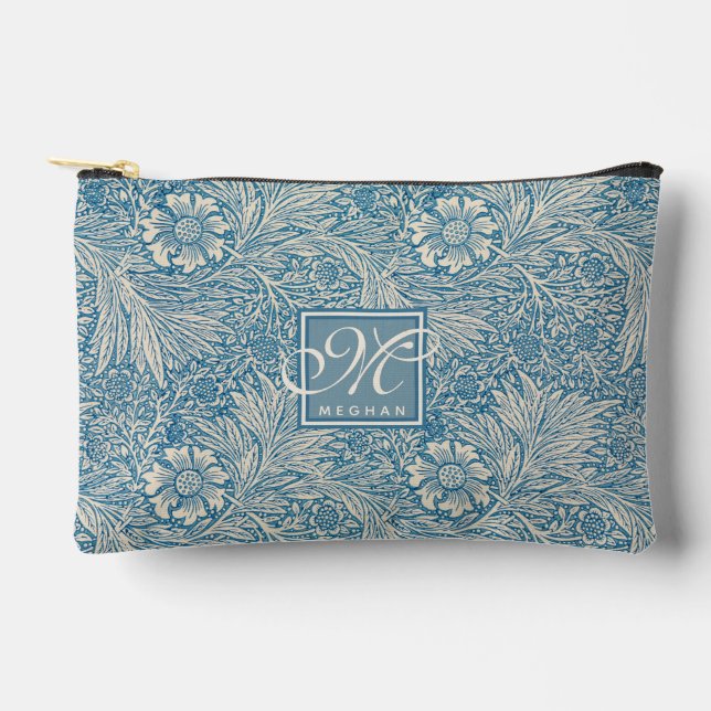 William Morris, Art Nouveau Blue Marigold Monogram Zubehörtasche (Vorderseite)