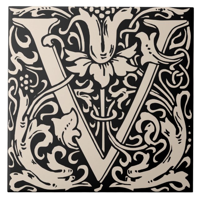 William Morris Art Nouveau Floral Initial Letter U Fliese (Vorderseite)