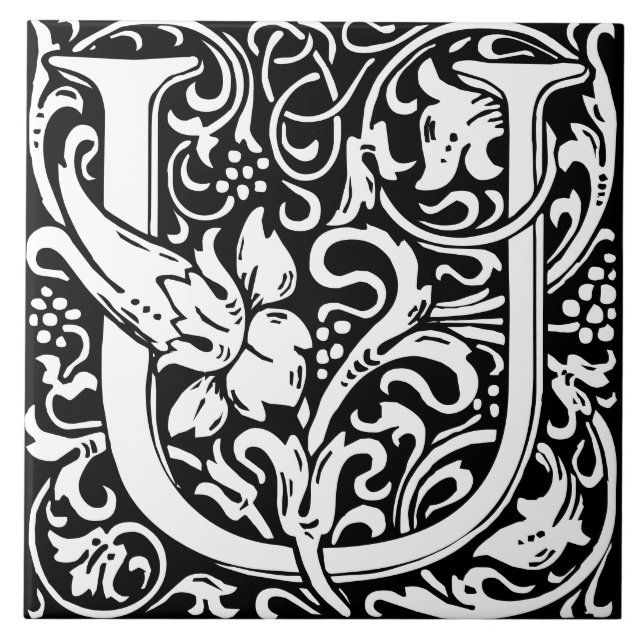 William Morris Art Nouveau Initial Floral Letter U Fliese (Vorderseite)