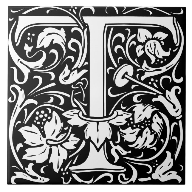 William Morris Art Nouveau Initial Vines Letter T Fliese (Vorderseite)