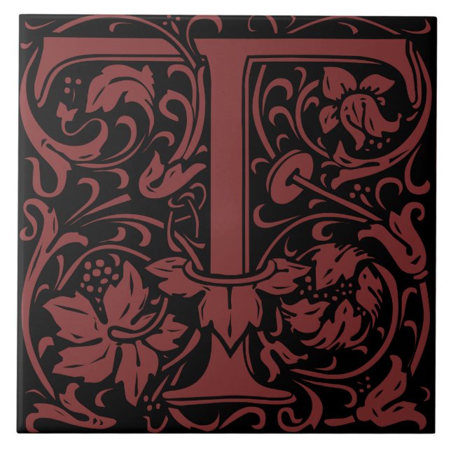 William Morris Art Nouveau Initial Vines Letter T Fliese (Vorderseite)