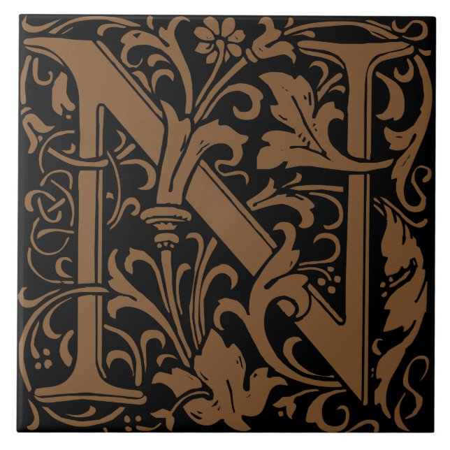 William Morris Art Nouveau Mit Monogramm Letter N Fliese (Vorderseite)