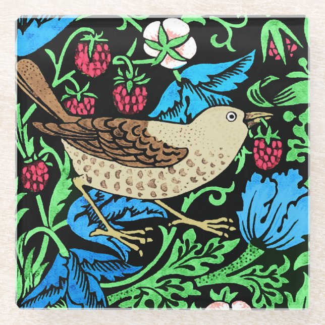 William Morris Bird & Blume Tile, auf Black Glasuntersetzer (Vorderseite)