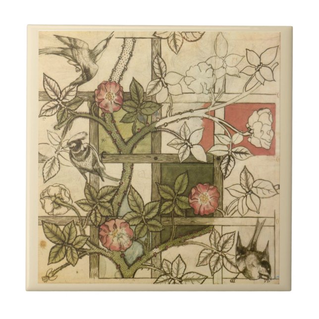 William * Morris Birds Trellis Vines Olive Beige Fliese (Vorderseite)